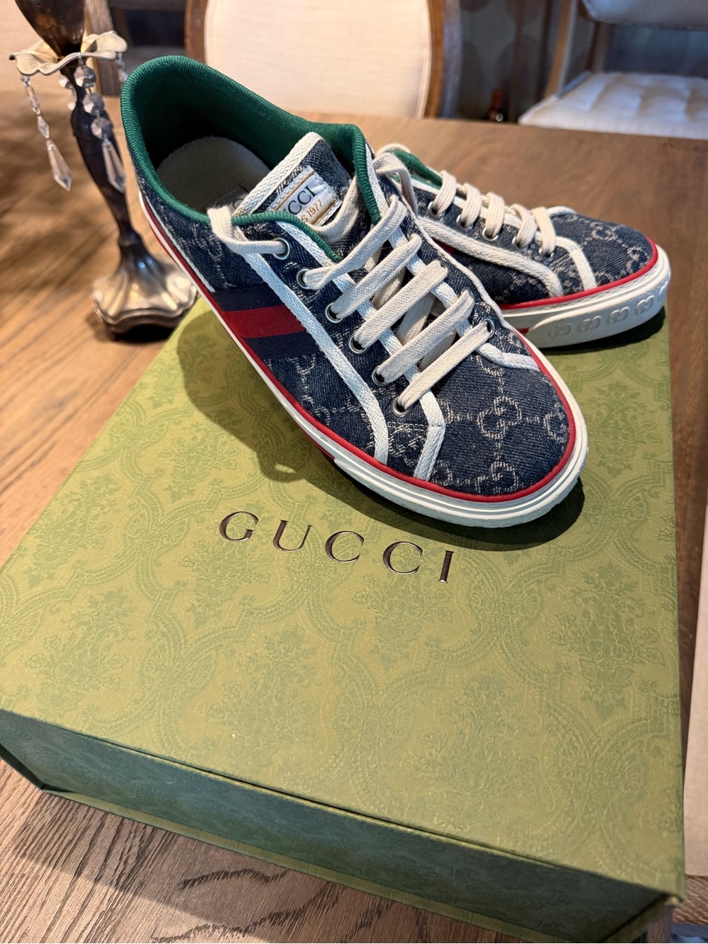 Gucci Denim Low-Top Sneaker in Blue with Green Trim
